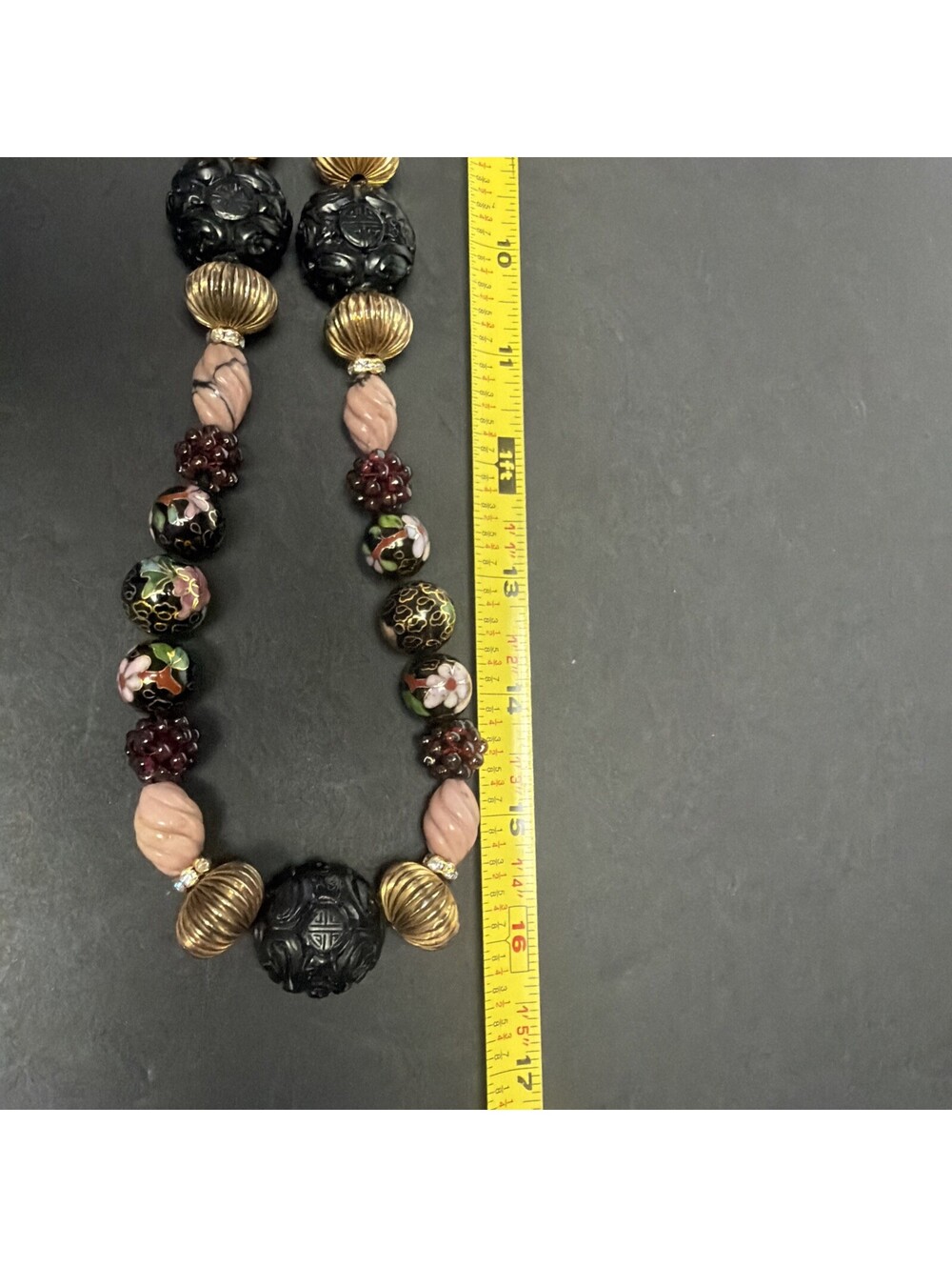 Vintage Art Glass Beaded Necklace Wedding Cake Style Beads Stone Carved Chinese - Picture 9 of 14